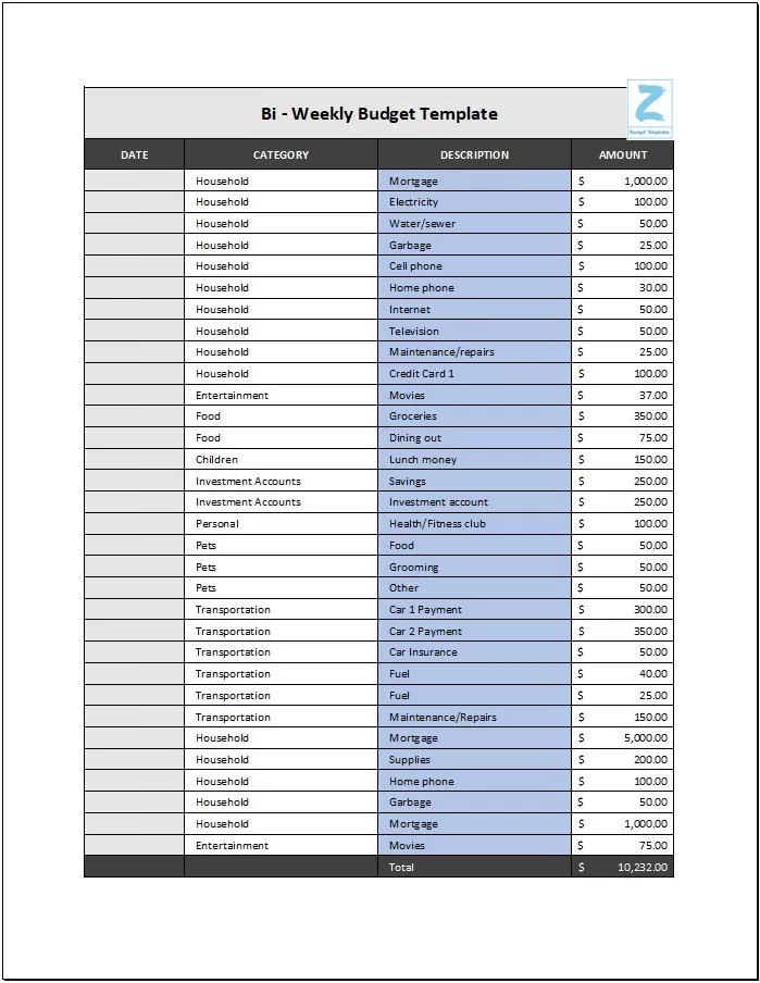 Bi-weekly Budget Template 5