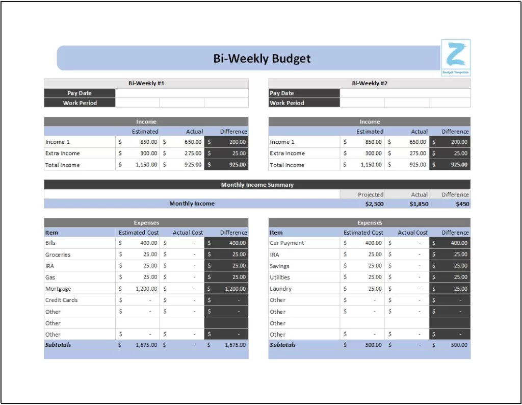 Bi-weekly Budget Template 6