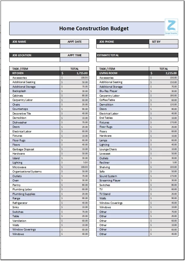 Easy Home Construction Budget Template