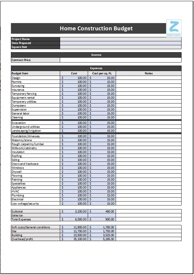 Home Construction Budget Template Free