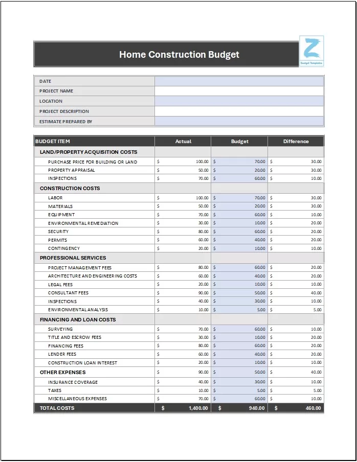 Home Construction Budget Template Printable