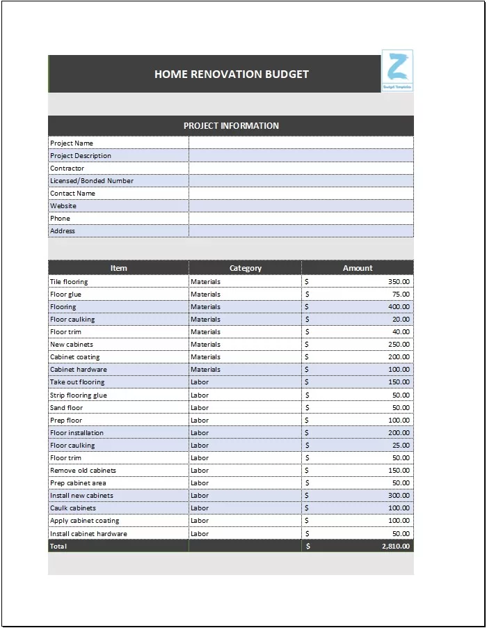 Home Renovation Budget Template Free