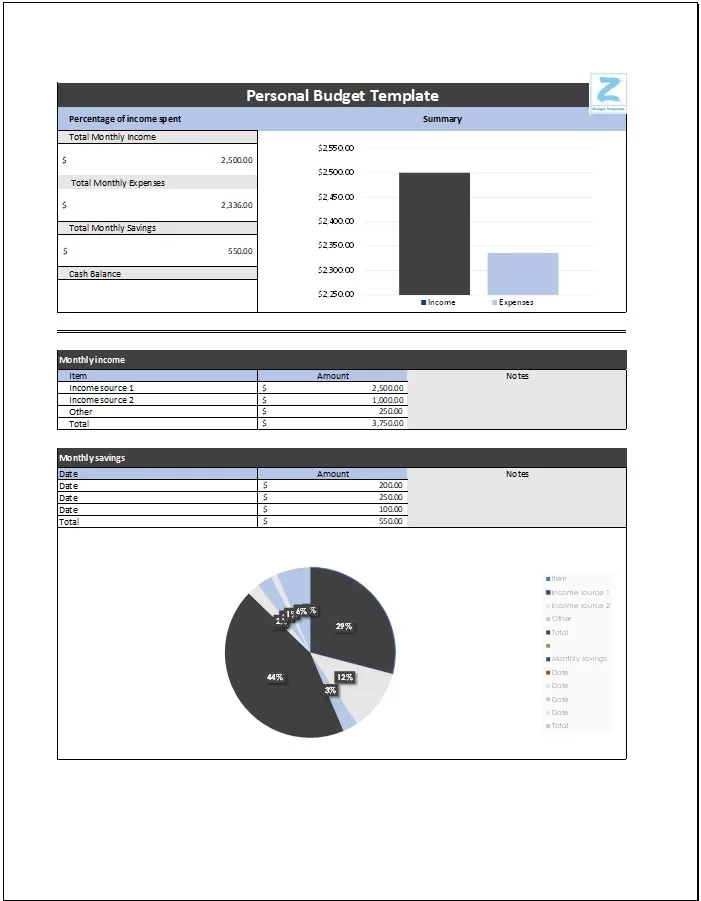 Monthly Personal Budget Template a