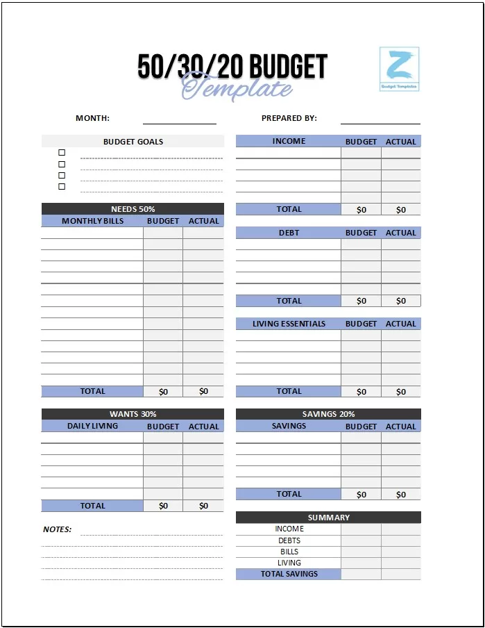 Editable 50.30.20 Budget Template