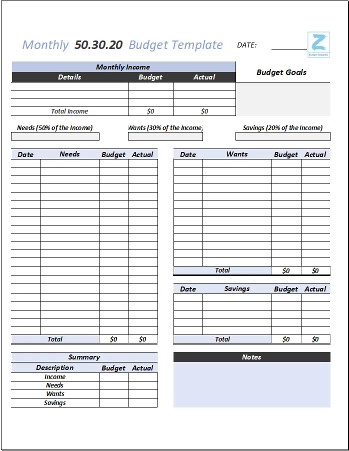 Monthly 50.30.20 Budget Template