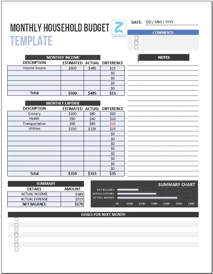 Monthly Household Budget Template