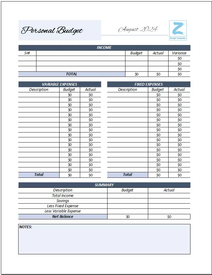 Simple Personal Budget Template 01