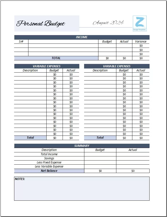 Simple Personal Budget Template